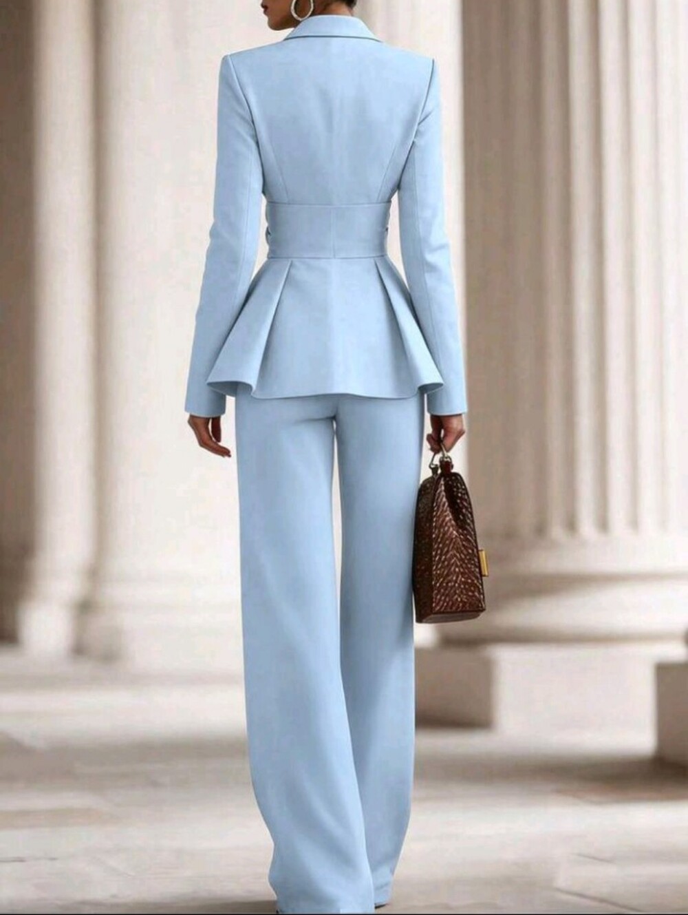 Solid Color Knotted Waist Long Sleeve Jacket And Pants Casual Suit - Picture 3 of 4
